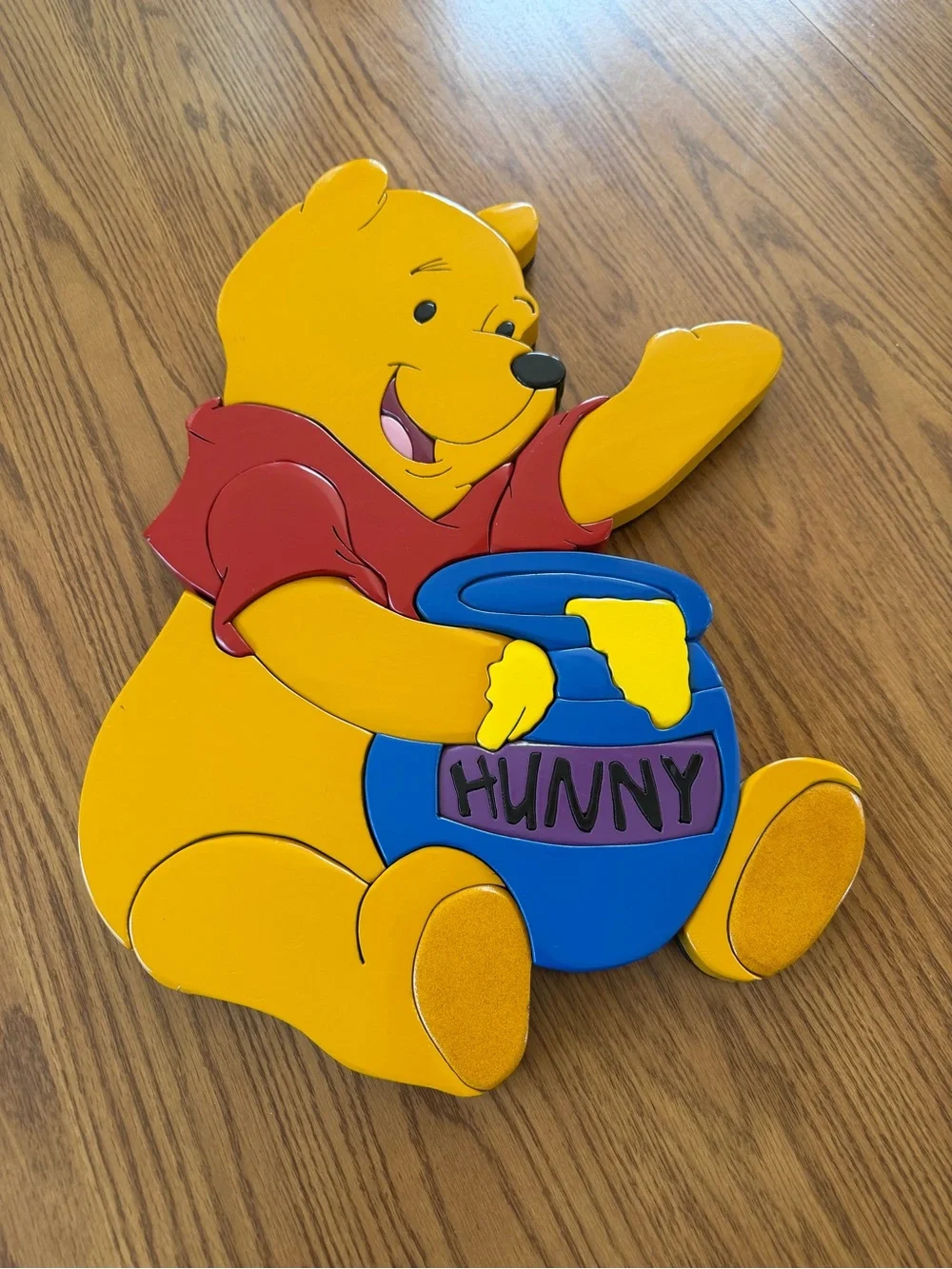 Vintage 14 x 20 wooden Winnie the Pooh Wall Art with Hunny Pot - Yellow & Blue